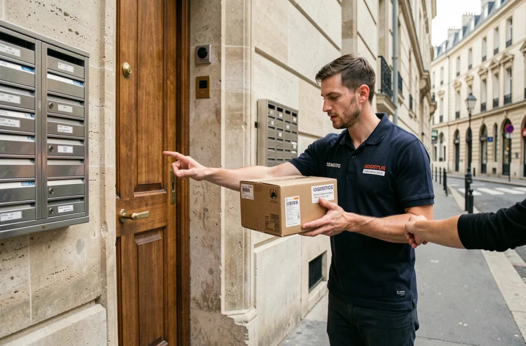Livreur remettant un colis international à domicile devant un immeuble parisien