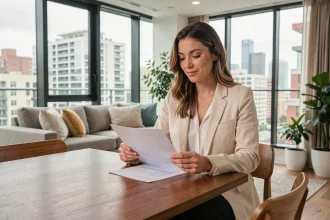 Femme consultant un contrat de location meublée dans un appartement moderne en ville