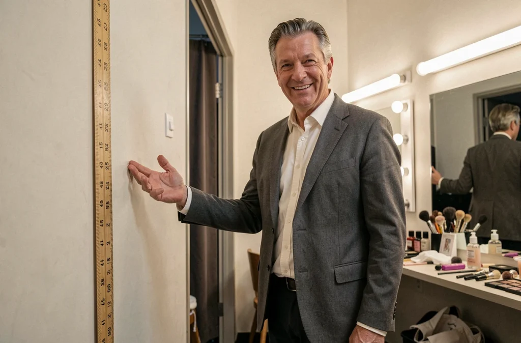Animateur grand mesurant sa taille dans une loge de théâtre avec mètre ruban au mur