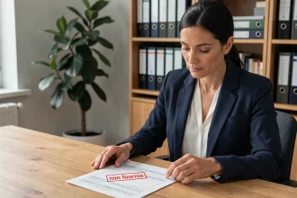 Femme examinant un document administratif avec la mention non fournie tamponnée dans un bureau à domicile
