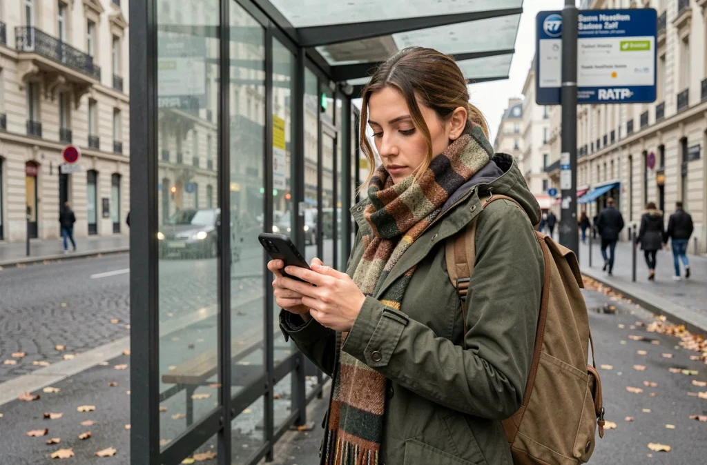 Jeune femme paramétrant des notifications d'alerte trafic RATP à un arrêt de bus parisien