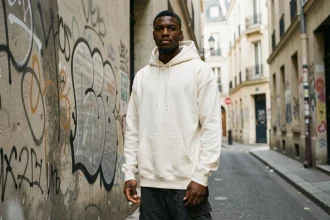 Oskoow, jeune rappeur français en hoodie crème dans une ruelle parisienne avec graffitis, portrait trois-quarts style éditorial urbain
