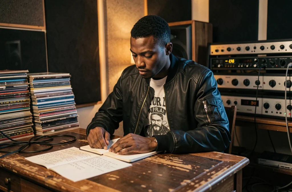 Rappeur Oskoow en studio d'enregistrement vintage entouré de vinyles et de paroles manuscrites, ambiance créative authentique