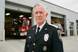 Pompier senior en uniforme avec galons et insignes de grade devant une caserne de pompiers moderne