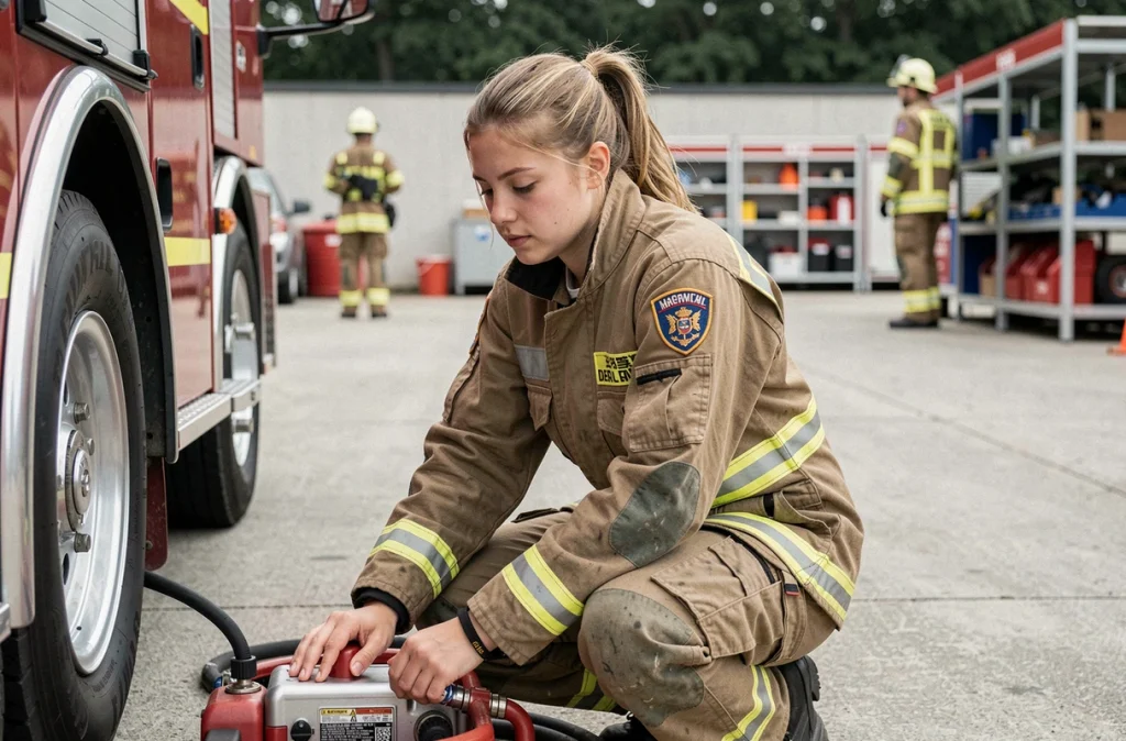 Pompière en tenue opérationnelle avec patch de grade inspectant l'équipement d'un camion de pompiers