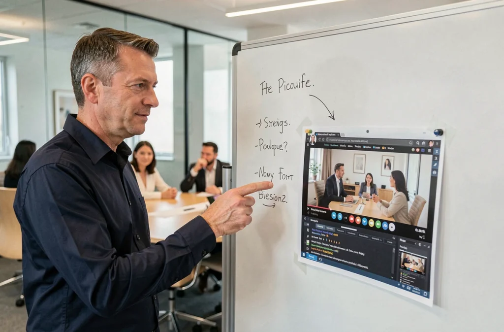 Professionnel présentant des captures vidéo lors d'une réunion en entreprise