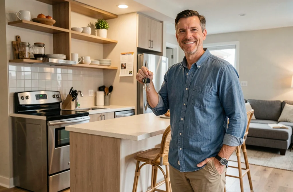 Propriétaire souriant tenant des clés dans une cuisine équipée d'un appartement meublé urbain