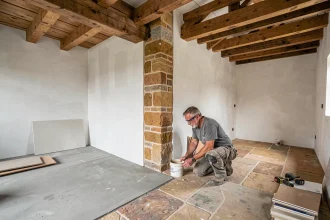 Intérieur d'une grange en cours de rénovation avec poutres apparentes et murs en pierre, transformée en espace de vie familial