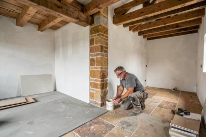 Intérieur d'une grange en cours de rénovation avec poutres apparentes et murs en pierre, transformée en espace de vie familial
