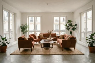 Salon d'un appartement traversant avec fenêtres des deux côtés offrant une circulation d'air naturelle et une luminosité équilibrée