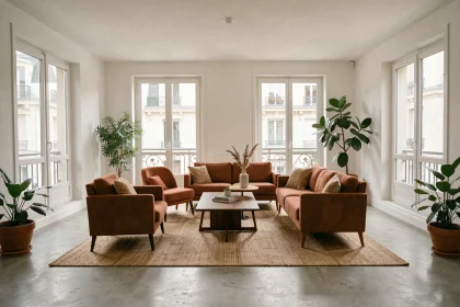 Salon d'un appartement traversant avec fenêtres des deux côtés offrant une circulation d'air naturelle et une luminosité équilibrée