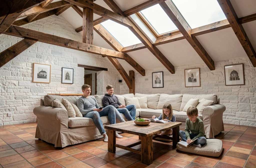 Salon chaleureux d'une grange rénovée en maison familiale avec poutres apparentes et famille installée sur un canapé en lin