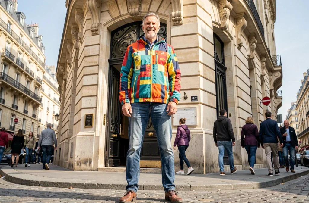 Homme grand en veste colorée debout dans une rue parisienne illustrant les mensurations de Vincent Lagaf