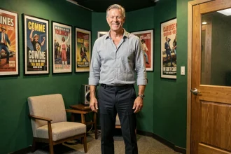 Homme grand et souriant en studio de télévision illustrant la taille impressionnante de Vincent Lagaf