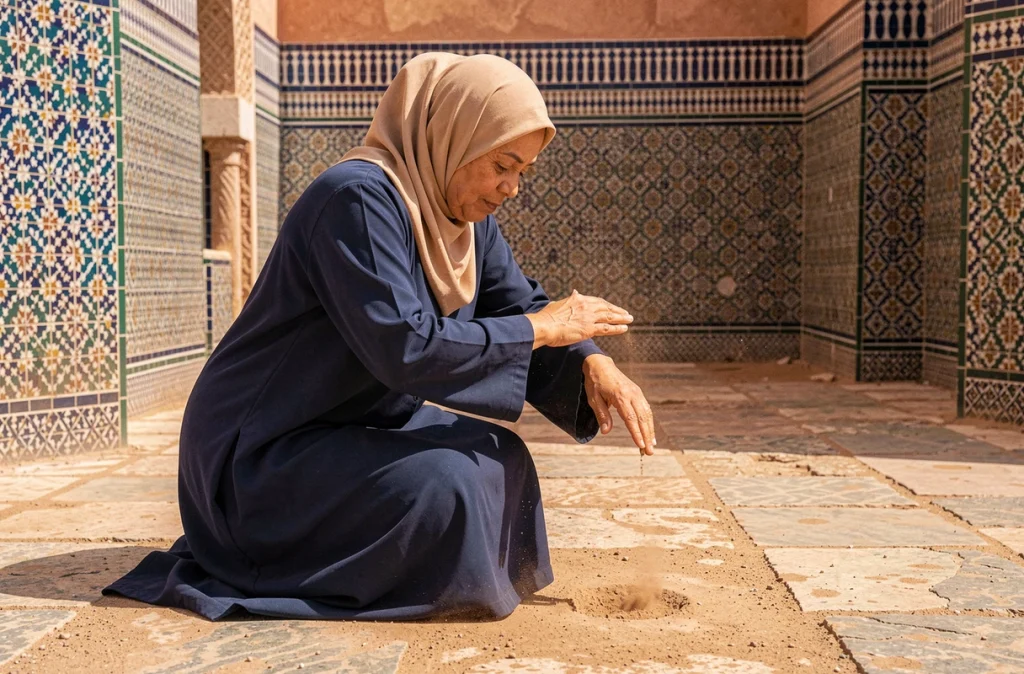 Femme effectuant le tayammum dans une cour traditionnelle marocaine avec des murs en zellige