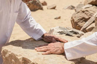 Homme effectuant le tayammum en posant les mains sur une pierre naturelle sèche dans un environnement désertique
