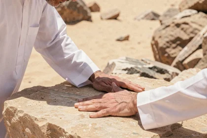 Homme effectuant le tayammum en posant les mains sur une pierre naturelle sèche dans un environnement désertique