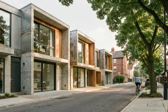 Rue résidentielle moderne avec façades géométriques en béton, acier et bois contrastant avec l'architecture traditionnelle environnante
