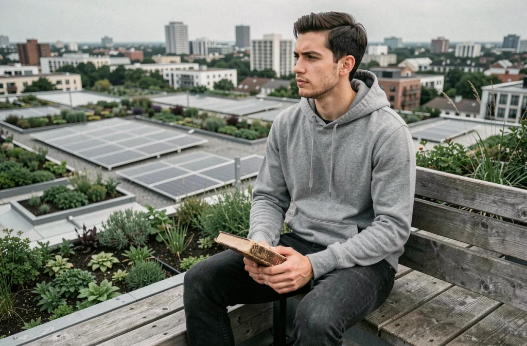 Jeune homme sur une terrasse végétalisée d'un bâtiment durable avec vue sur un écoquartier