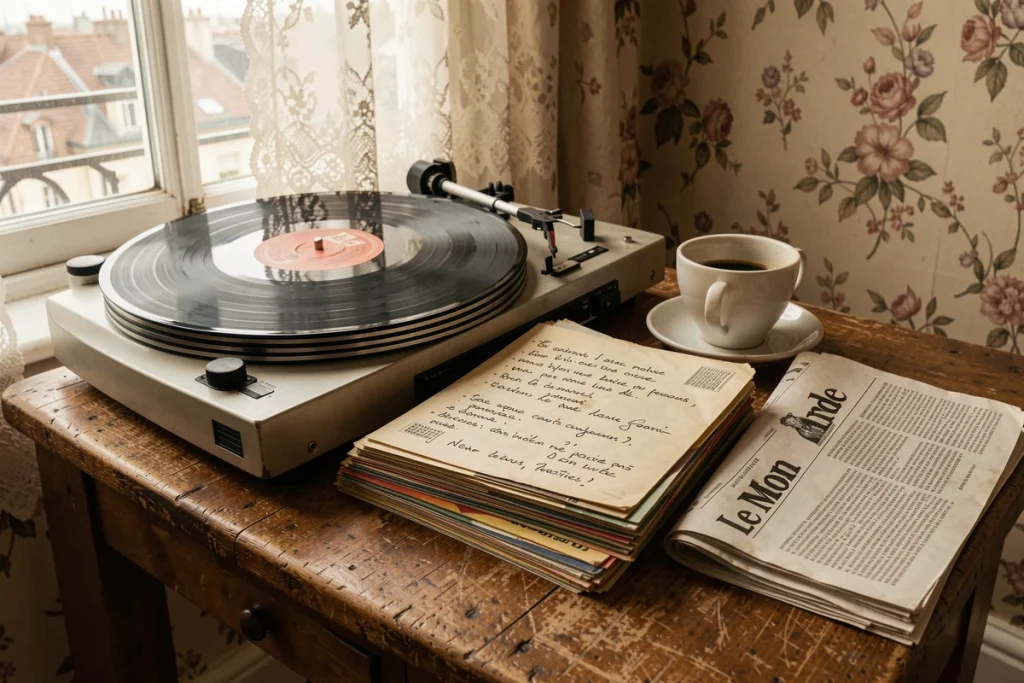 Tourne-disque vintage et disques vinyles 45 tours de chanson française des années 60 posés sur une table dans un appartement parisien