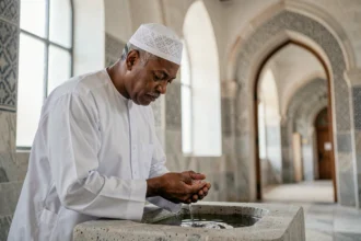 Homme effectuant les ablutions dans une mosquée à Argenteuil avant la prière quotidienne