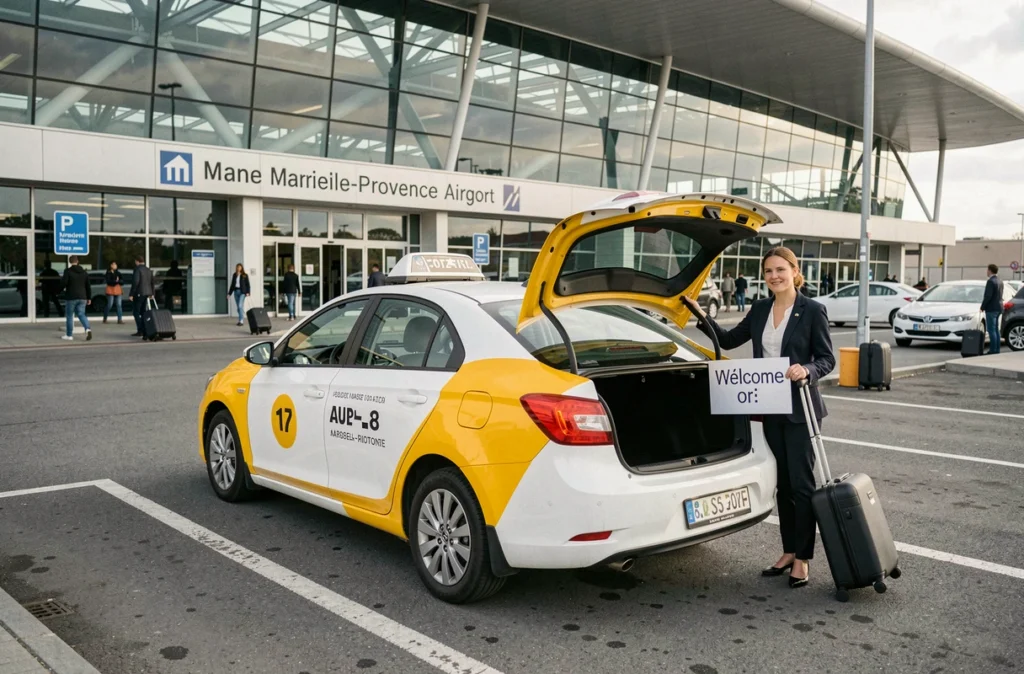 Taxi garé devant le terminal de l'aéroport Marseille-Provence avec une chauffeuse tenant un panneau d'accueil