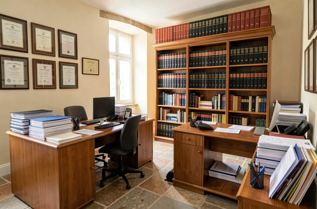 Bureau partagé de l'Atelier d'Avocats Le Guay-Roc en Dordogne, avec deux postes de travail et bibliothèque juridique