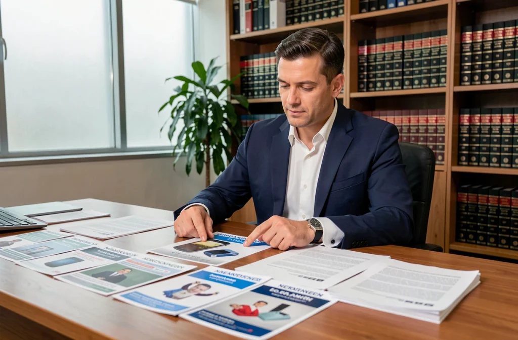 Avocat analysant des brochures publicitaires et photographies de produits sur un bureau pour évaluer les cas de publicité mensongère