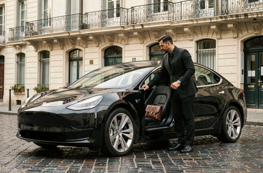Chauffeur privé VTC en costume noir ouvrant la portière d'une Tesla noire dans un quartier élégant de Marseille