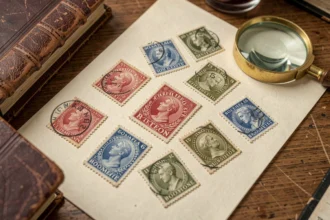 Collection de timbres rares vintage disposés sur du papier ancien avec loupe de philatéliste sur bureau en bois