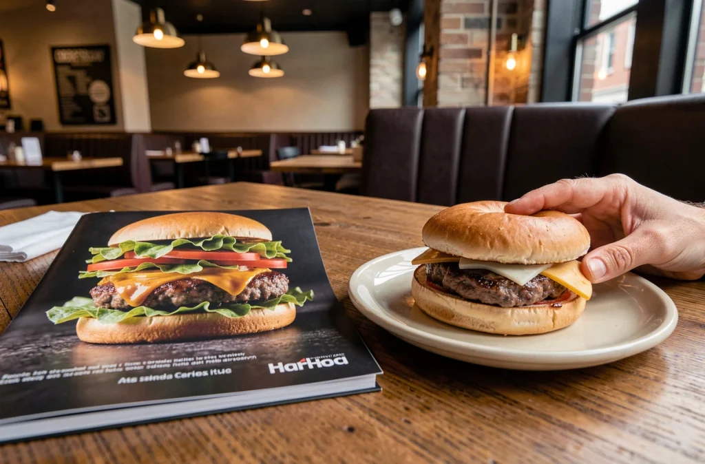 Comparaison entre la photo promotionnelle d'un burger sur un menu de restaurant et le produit réel servi, mettant en évidence l'écart visuel trompeur