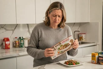 Femme comparant l'illustration d'un emballage alimentaire au produit réel dans une cuisine moderne, illustrant la publicité trompeuse