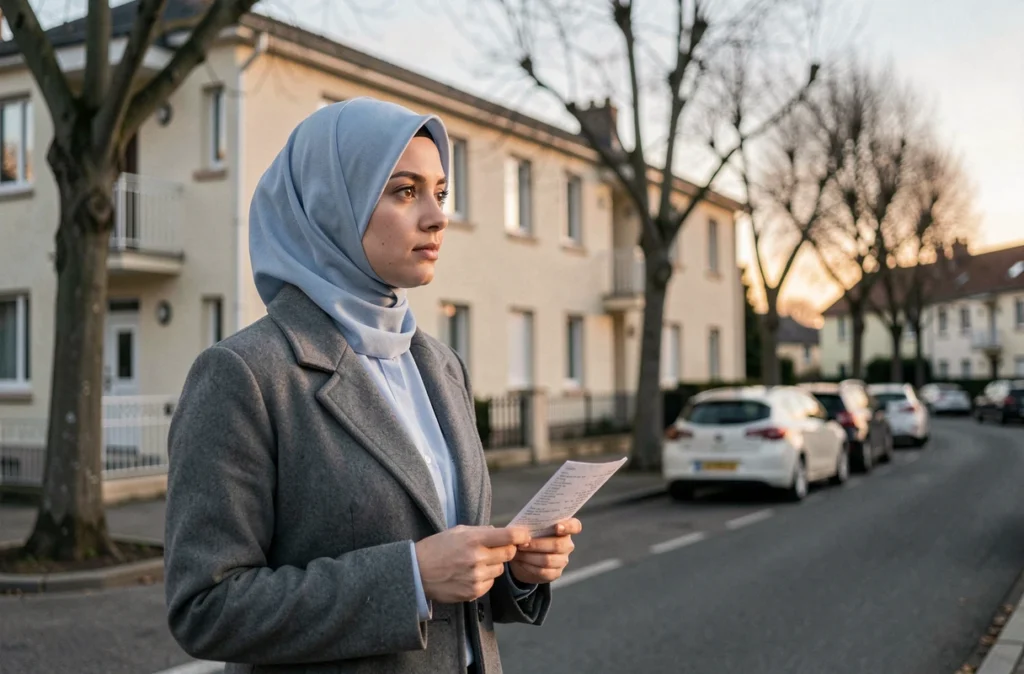 Femme musulmane consultant les horaires de prière devant une mosquée à Argenteuil