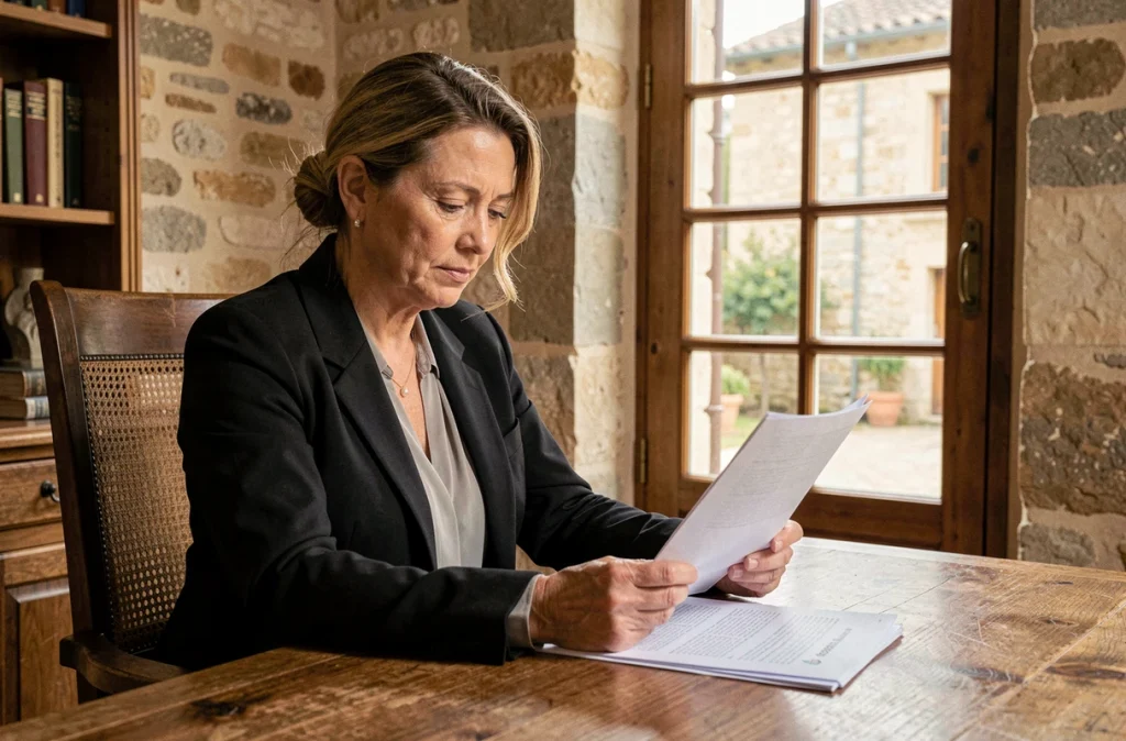 Gokelaere Pascale, avocate expérimentée en Dordogne, dans un bureau en pierre périgourdin avec vue sur cour intérieure