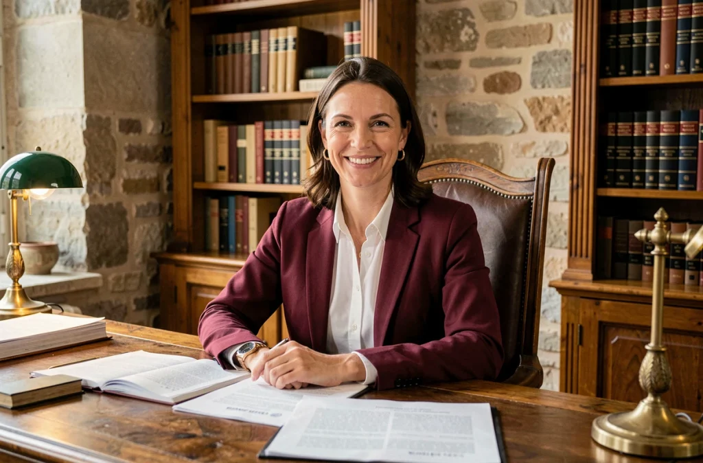 Maître Agathe Mouillac-Delage, avocate en Dordogne, dans un cabinet avec murs en pierre et bibliothèque ancienne