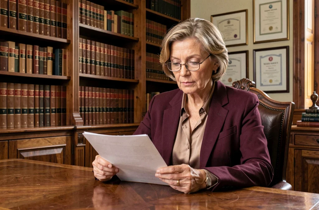 Maître Agnès Reveillon, avocate expérimentée en Dordogne, dans un cabinet traditionnel avec bibliothèque de volumes juridiques