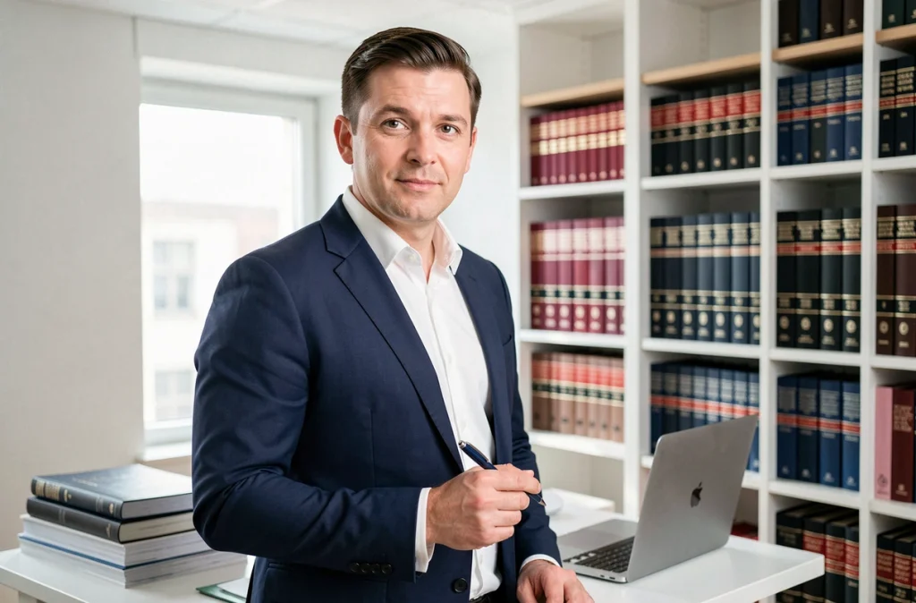 Maître Alexandre Lemercier, jeune avocat en Dordogne, debout dans un cabinet moderne avec bibliothèque juridique