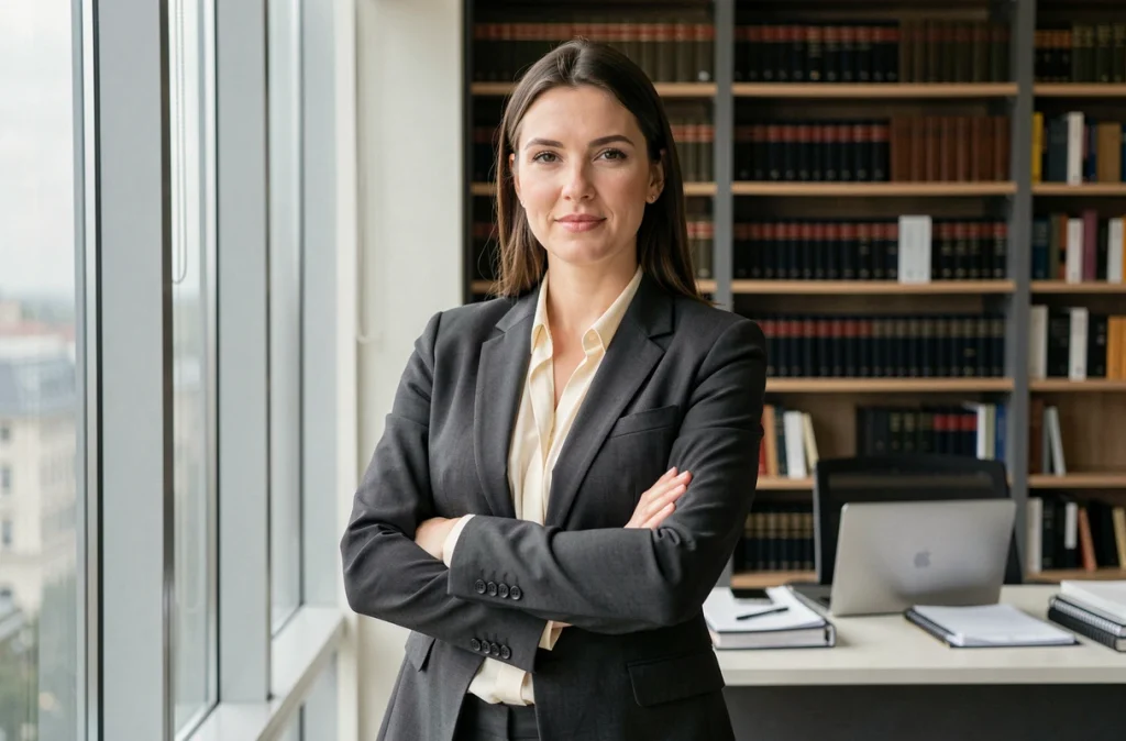 Maître Cédya Roc, avocate en Dordogne, dans un bureau moderne avec bibliothèque juridique en arrière-plan