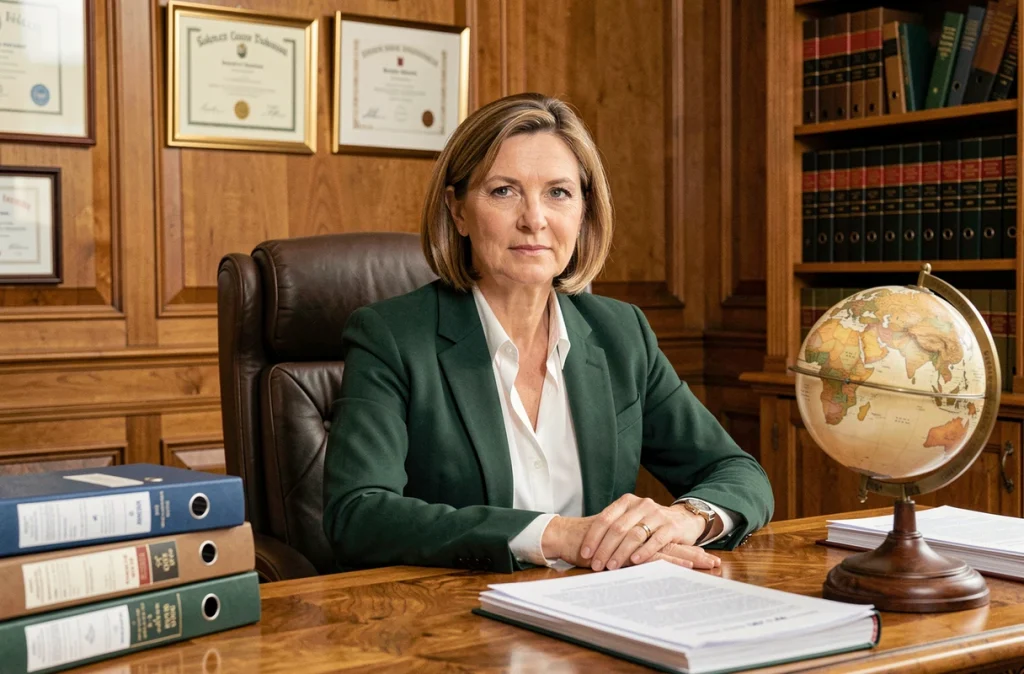 Maître Isabelle Raygade, avocate en Dordogne, assise dans un bureau élégant avec boiseries et classeurs juridiques