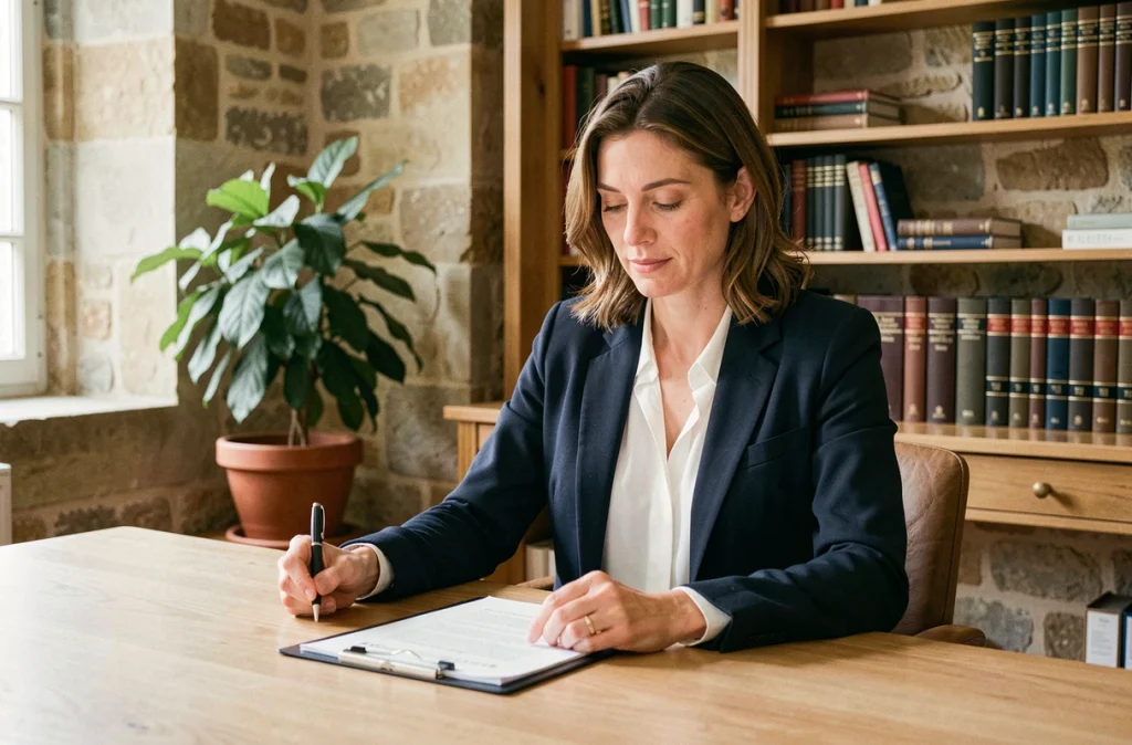 Maître Nadège Trion, avocate professionnelle en Dordogne, assise à son bureau avec des documents juridiques