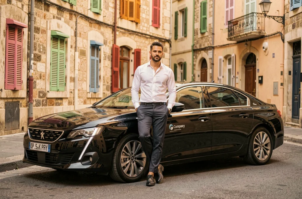 Chauffeur Mark VTC Service appuyé contre une berline noire dans une rue pittoresque de Marseille