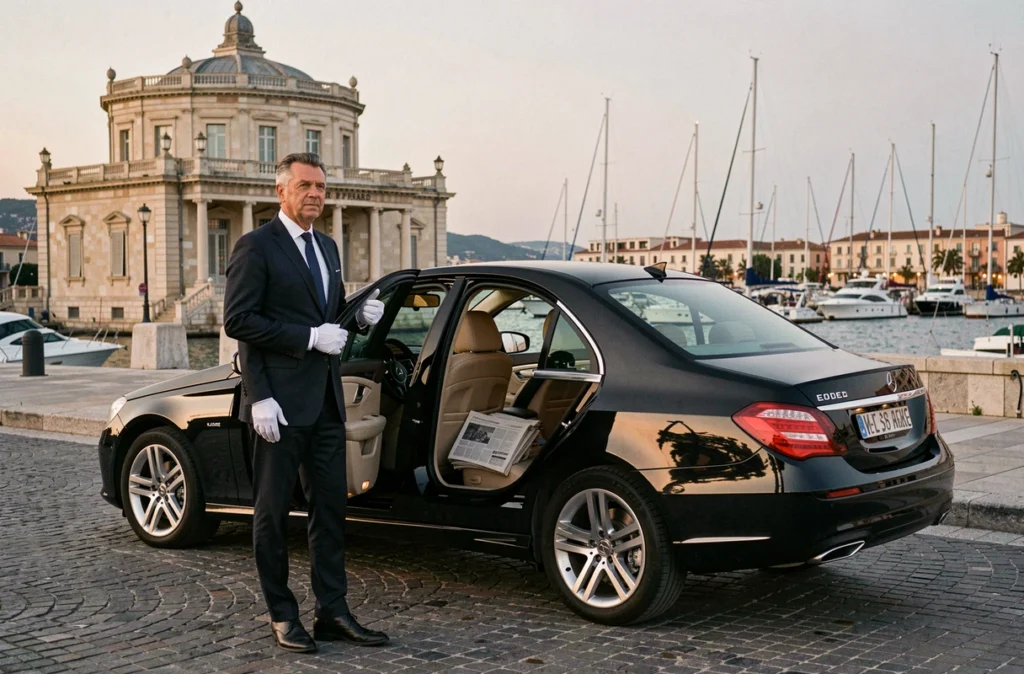 Berline exécutive noire du Marseille Chauffeur Service devant le Palais du Pharo avec vue sur le port