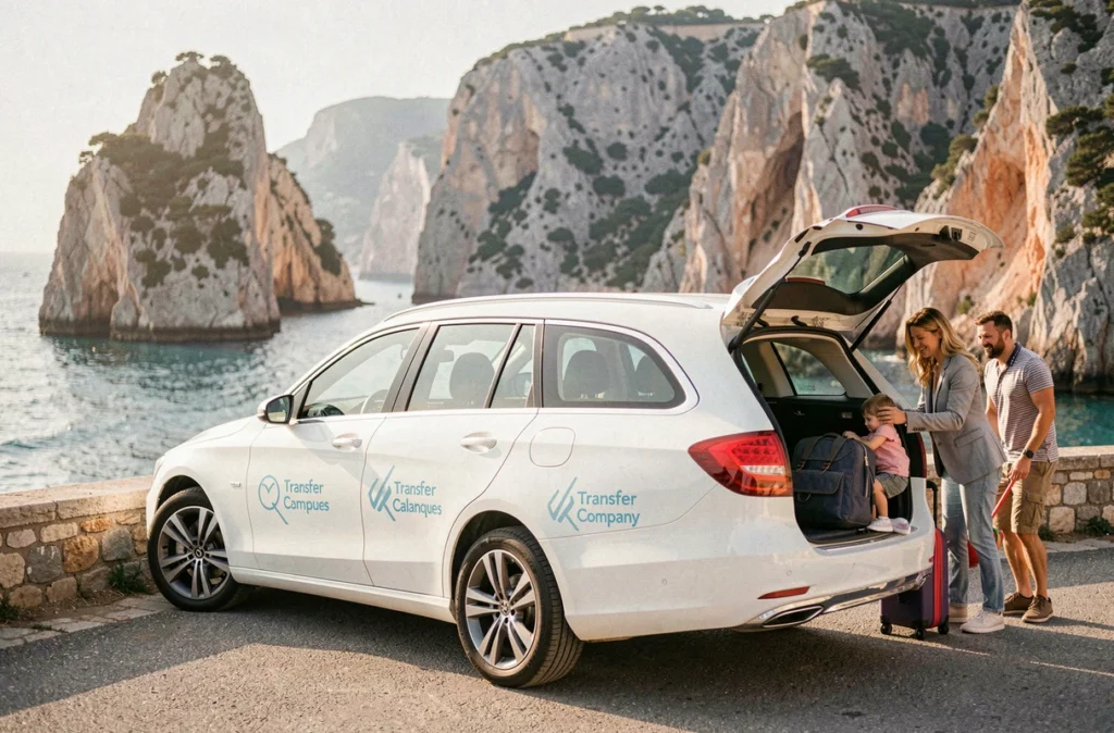 Véhicule de Marseille Transfers garé près des Calanques avec une chauffeuse aidant des touristes