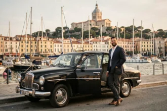 Un taxi noir classique garé au Vieux-Port de Marseille avec la basilique Notre-Dame de la Garde en arrière-plan