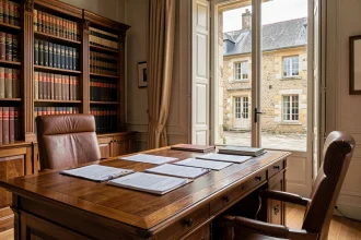 Bureau d'avocat en Dordogne avec documents juridiques, bibliothèque de droit et vue sur architecture française classique