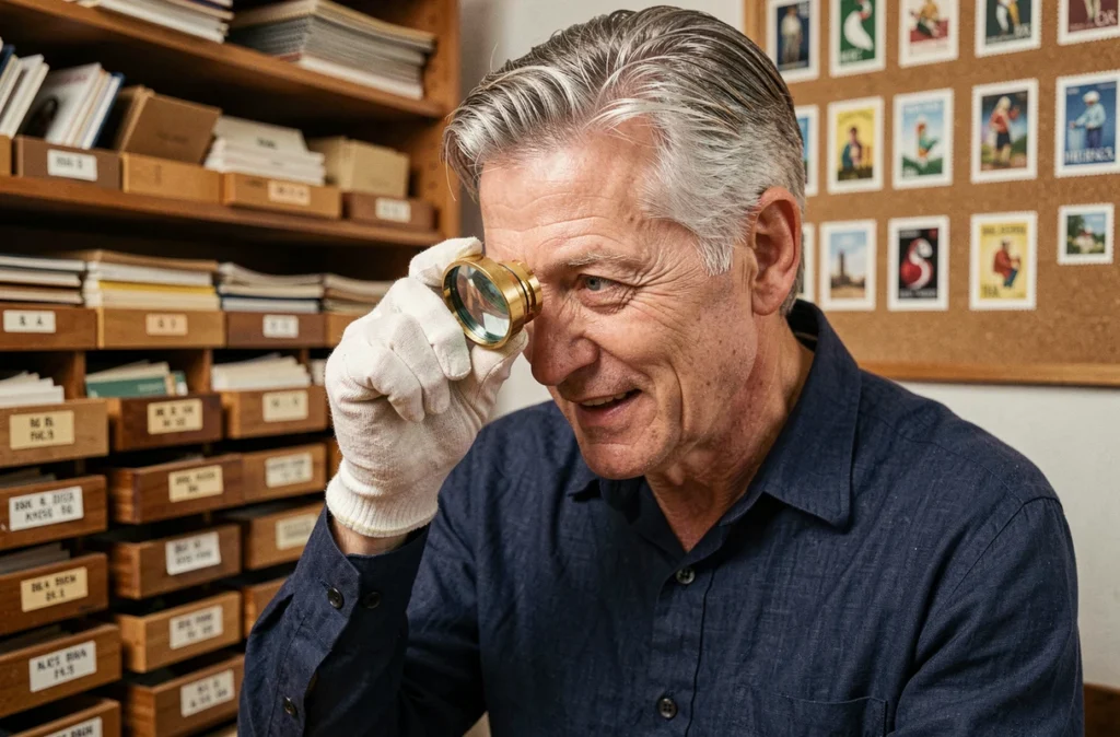 Philatéliste expérimenté examinant un timbre rare à la loupe dans son atelier de collection