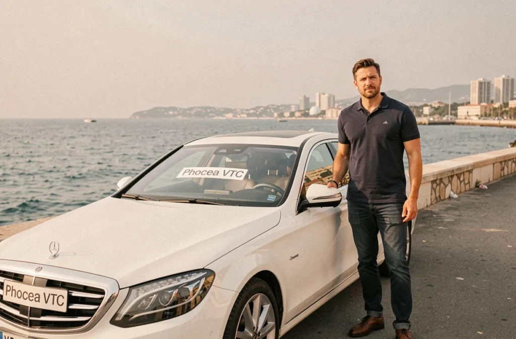 Véhicule VTC Phocea garé près de la Corniche Kennedy à Marseille avec vue sur la mer Méditerranée