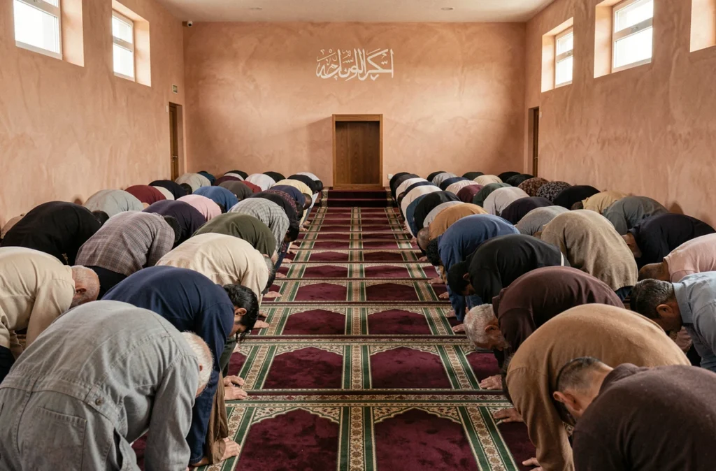 Fidèles en prière collective à l'intérieur d'une mosquée d'Argenteuil lors de la prière du dohr