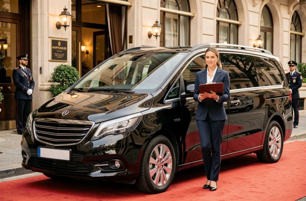 Minivan noir de Sud Elegance Voyages garé devant un hôtel de luxe à Marseille avec une chauffeuse professionnelle