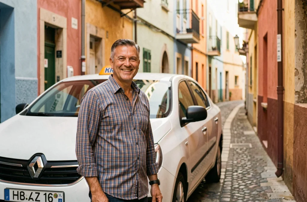 Chauffeur de Taxi Ben souriant devant sa berline blanche dans le quartier historique du Panier à Marseille